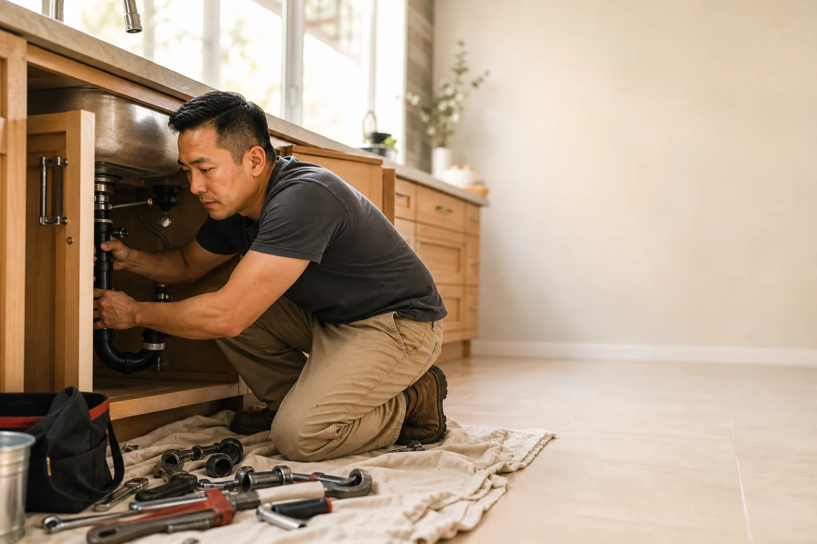 A plumbing contractor working under a kitchen sink with his tools laid out beside him